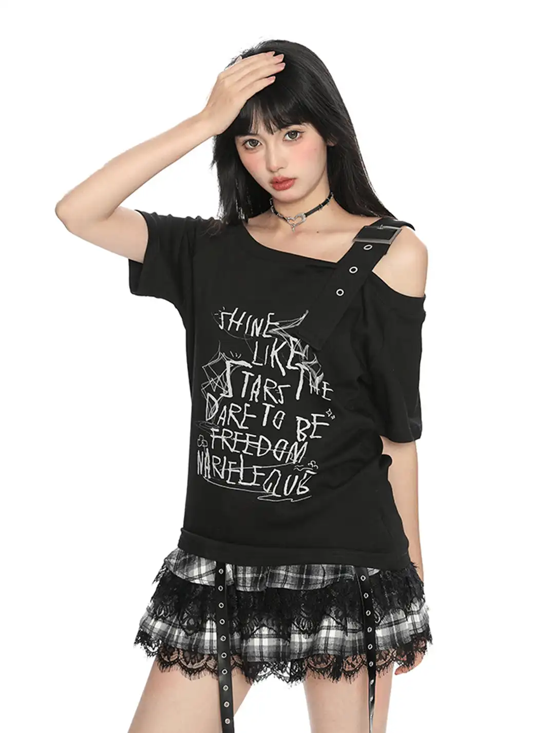 BIGGOLD | Letter Graffiti One-Shoulder Strap Short Sleeve T-Shirt