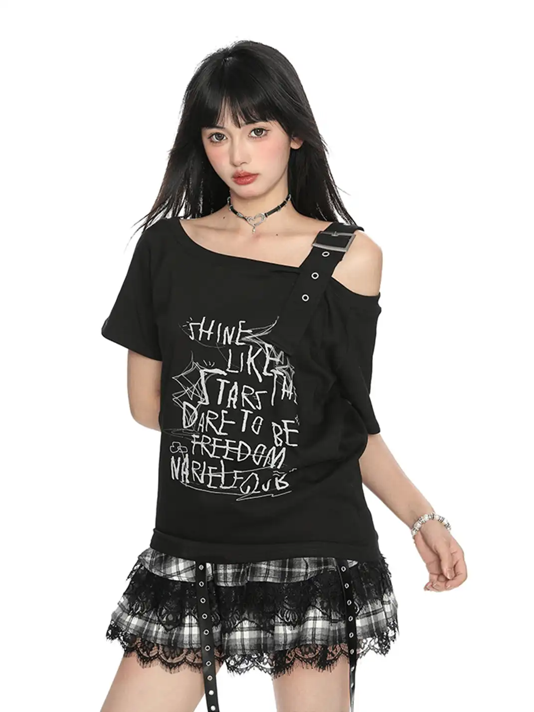 BIGGOLD | Letter Graffiti One-Shoulder Strap Short Sleeve T-Shirt