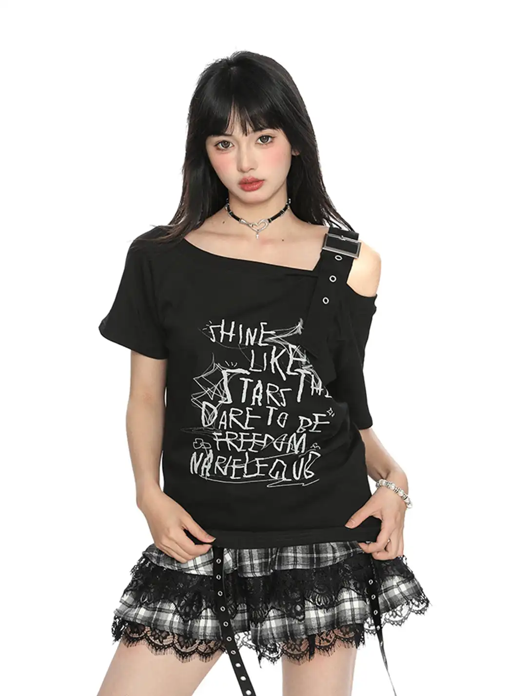 BIGGOLD | Letter Graffiti One-Shoulder Strap Short Sleeve T-Shirt