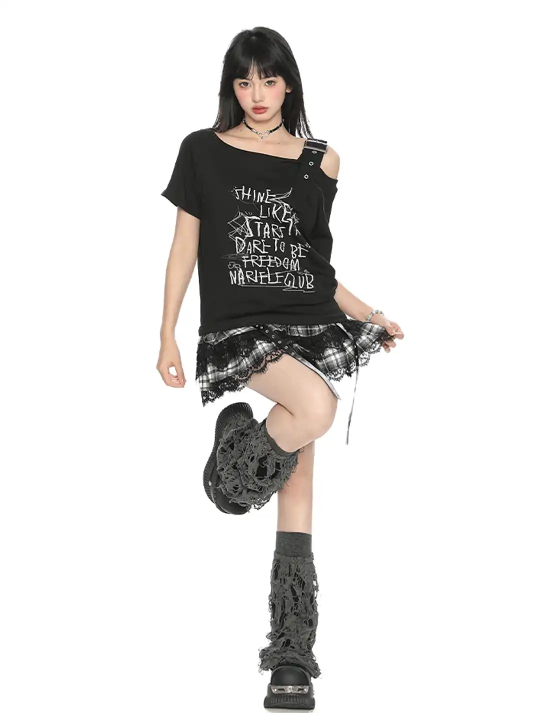 BIGGOLD | Letter Graffiti One-Shoulder Strap Short Sleeve T-Shirt