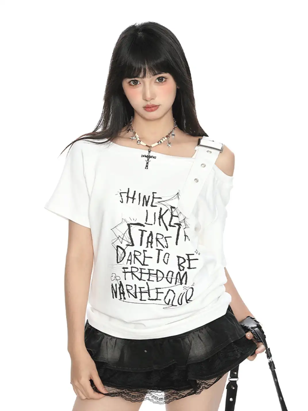 BIGGOLD | Letter Graffiti One-Shoulder Strap Short Sleeve T-Shirt