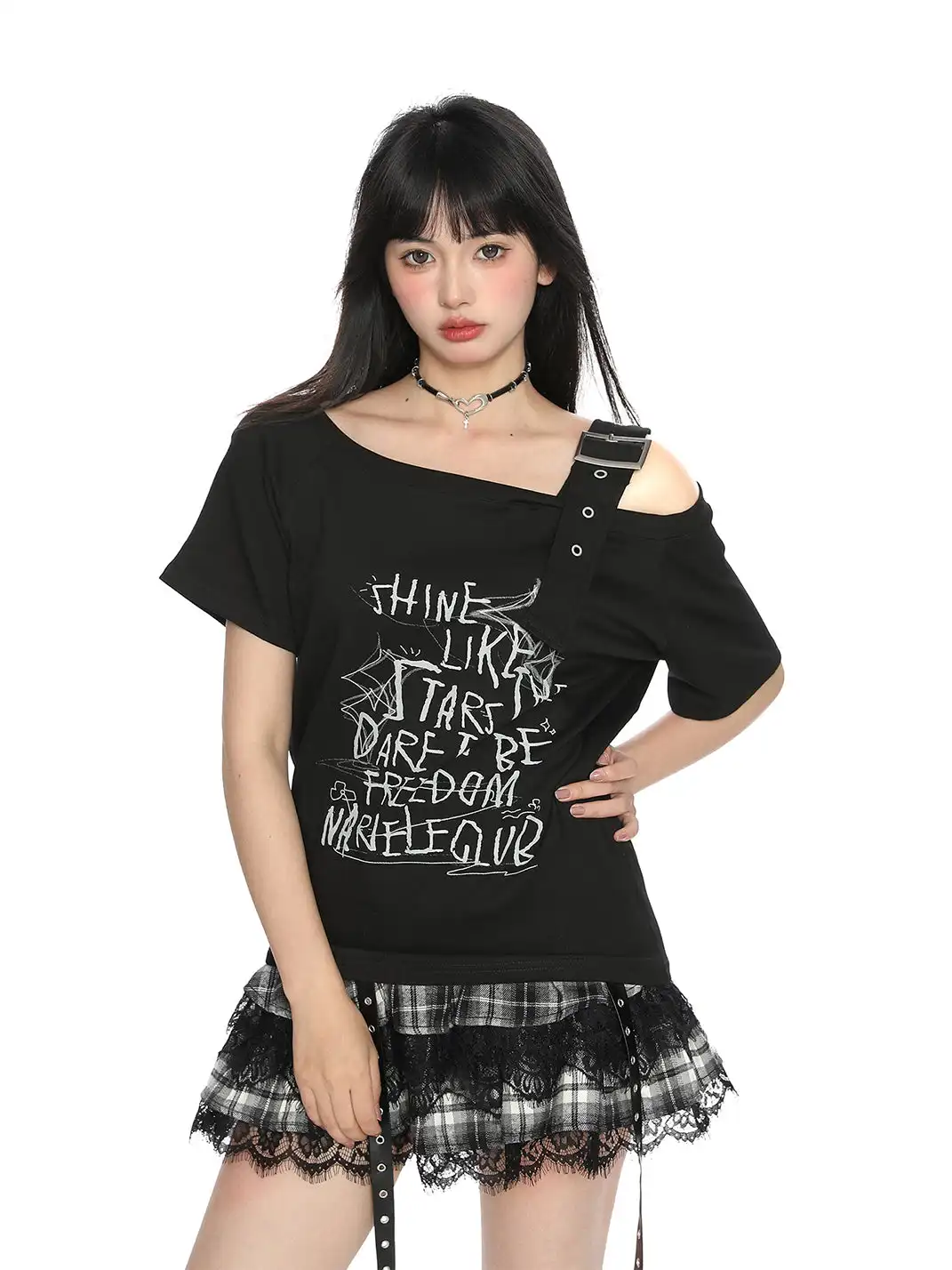 BIGGOLD | Letter Graffiti One-Shoulder Strap Short Sleeve T-Shirt