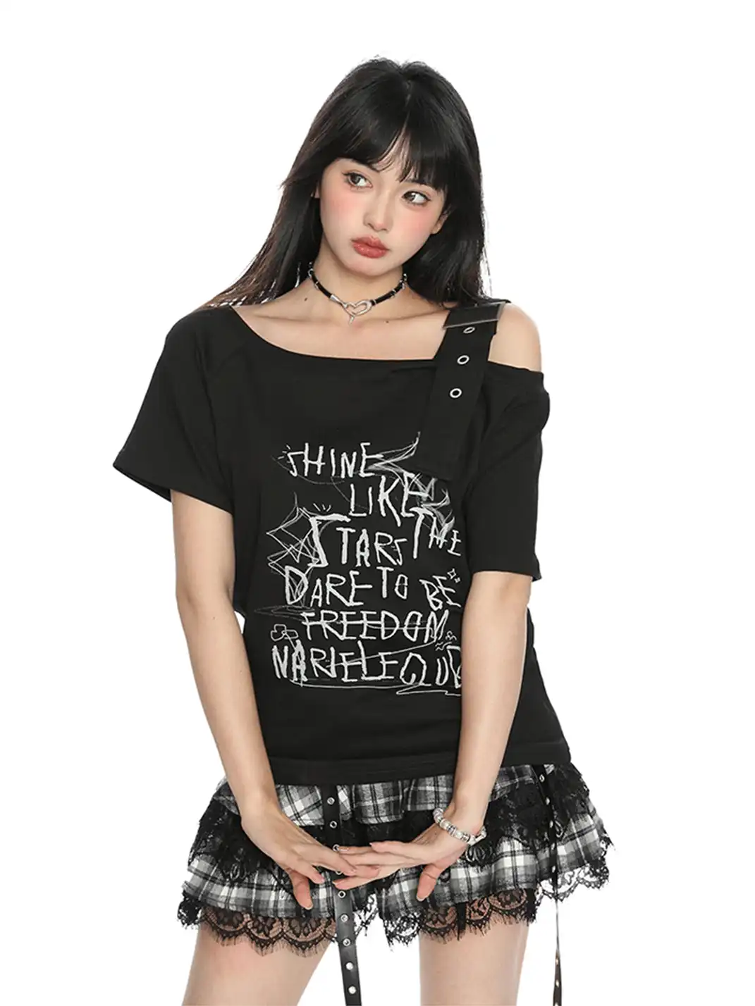 BIGGOLD | Letter Graffiti One-Shoulder Strap Short Sleeve T-Shirt