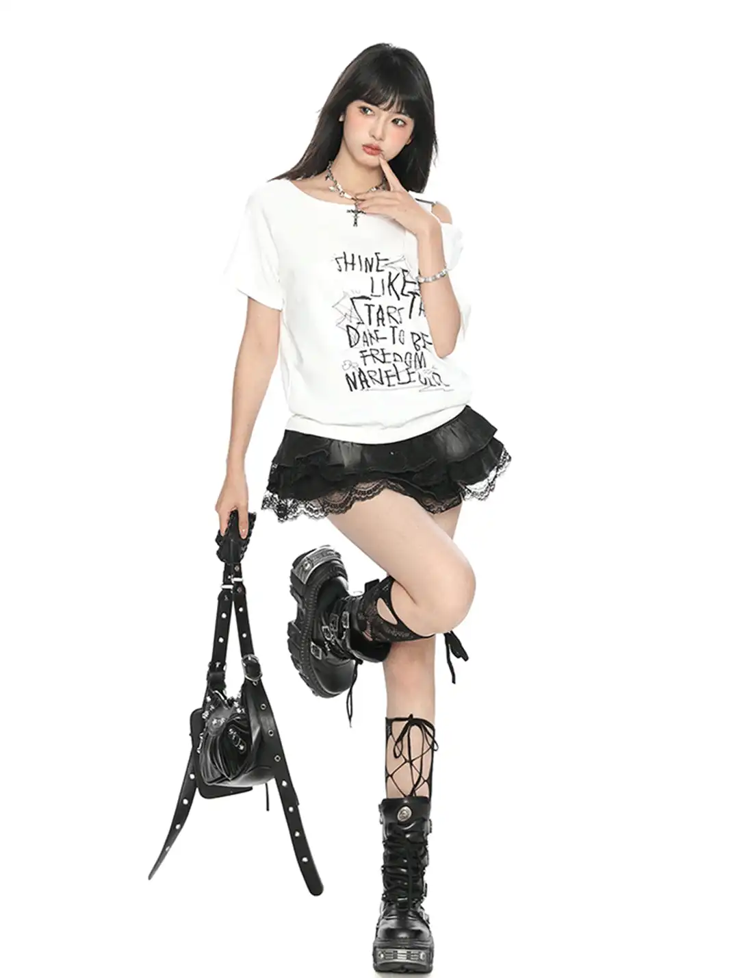 BIGGOLD | Letter Graffiti One-Shoulder Strap Short Sleeve T-Shirt