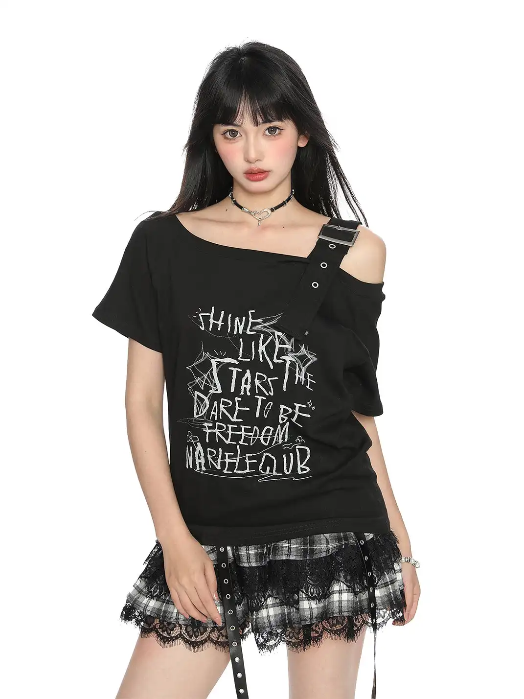 BIGGOLD | Letter Graffiti One-Shoulder Strap Short Sleeve T-Shirt