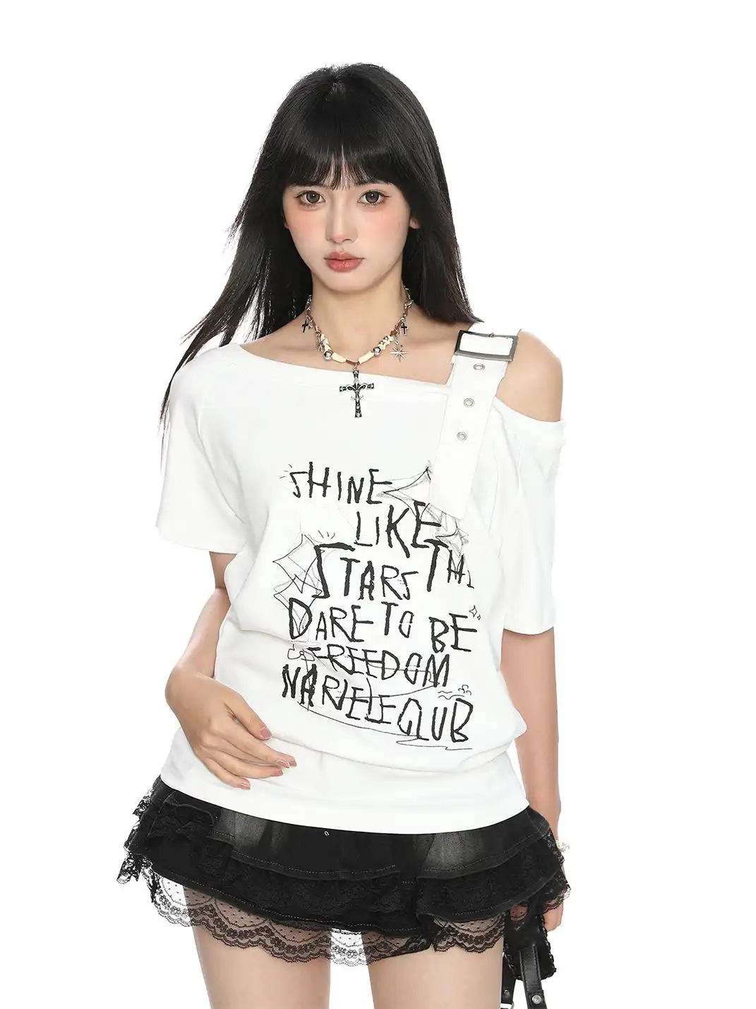 BIGGOLD | Letter Graffiti One-Shoulder Strap Short Sleeve T-Shirt