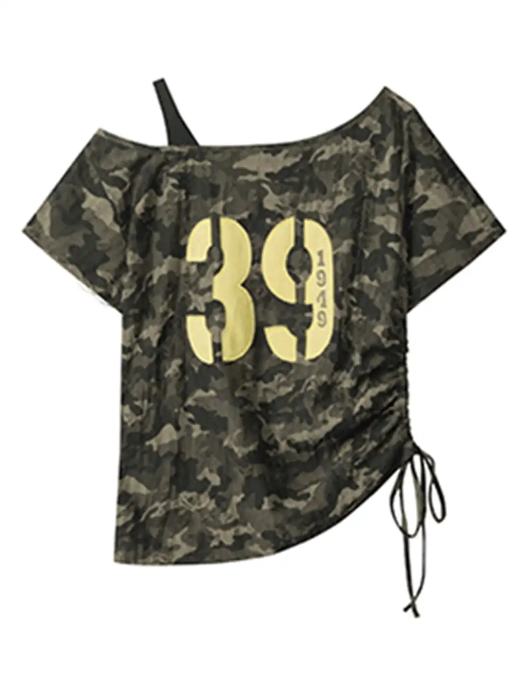 BIGGOLD | Drawstring Lace-Up One-Shoulder Camo T-Shirt