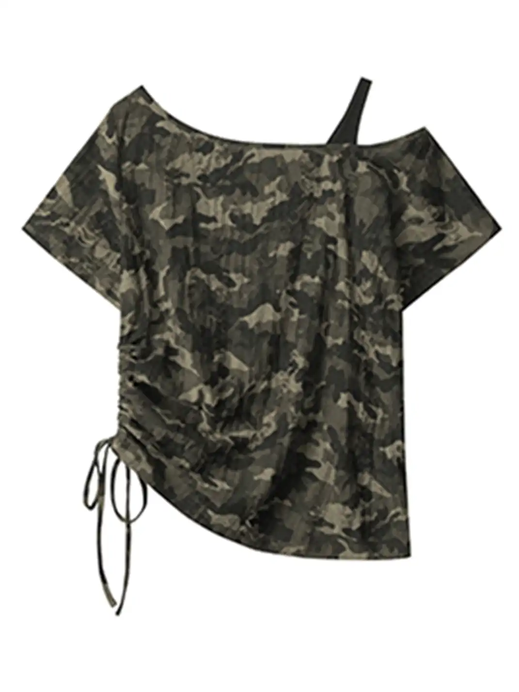 BIGGOLD | Drawstring Lace-Up One-Shoulder Camo T-Shirt
