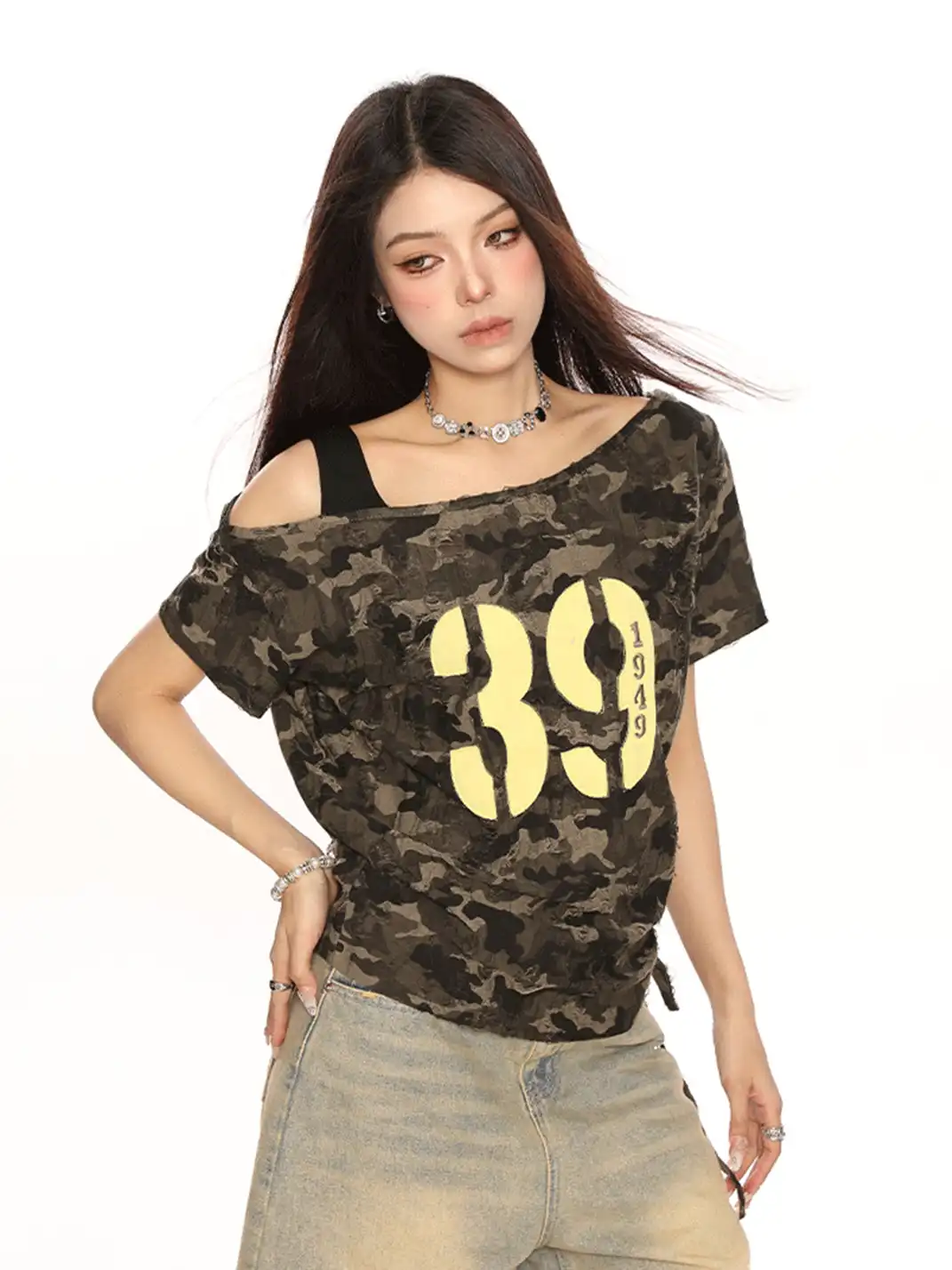 BIGGOLD | Drawstring Lace-Up One-Shoulder Camo T-Shirt