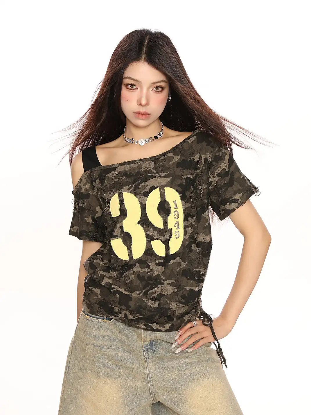 BIGGOLD | Drawstring Lace-Up One-Shoulder Camo T-Shirt
