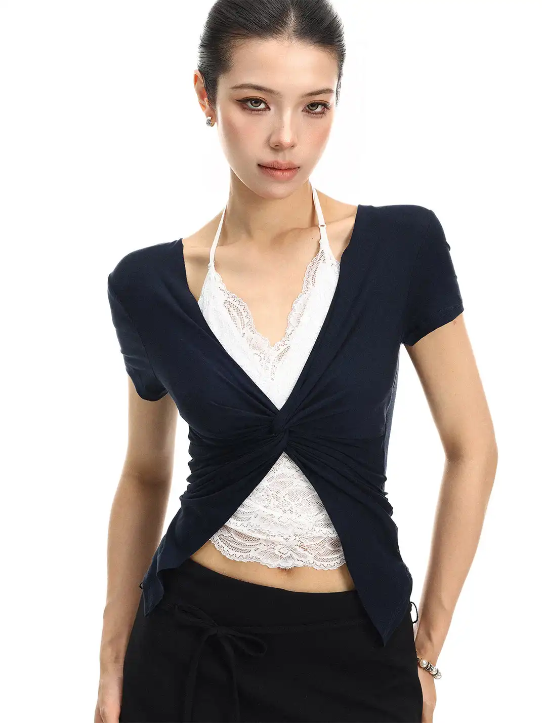 BIGGOLD | Lace V-Neck Fake Two-Piece T-Shirt
