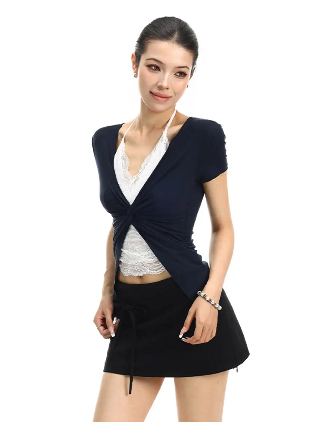 BIGGOLD | Lace V-Neck Fake Two-Piece T-Shirt