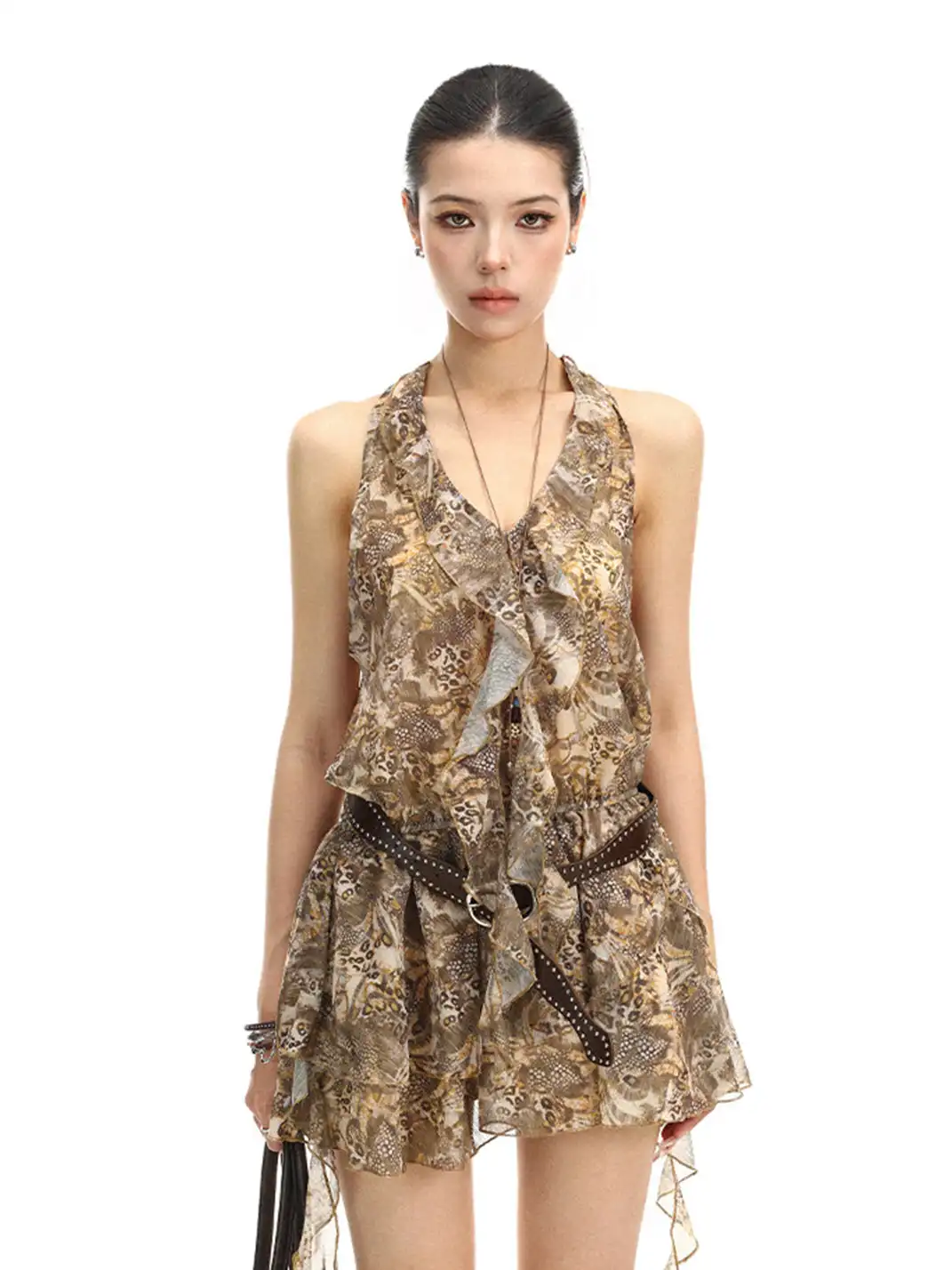 BIGGOLD | Leopard Print Halter V-Neck Ruffle Dress With Belt