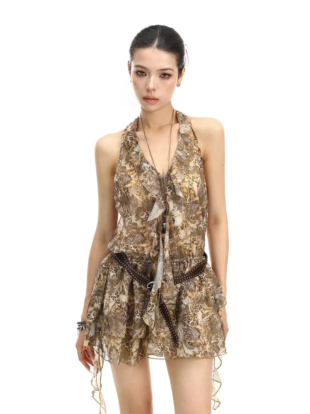 BIGGOLD | Leopard Print Halter V-Neck Ruffle Dress With Belt