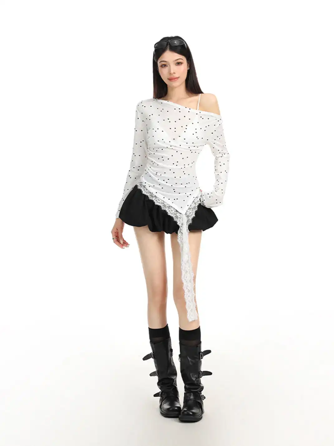 BIGGOLD | Polka Dot All-Over Print Lace Patchwork Asymmetrical Neck T-Shirt