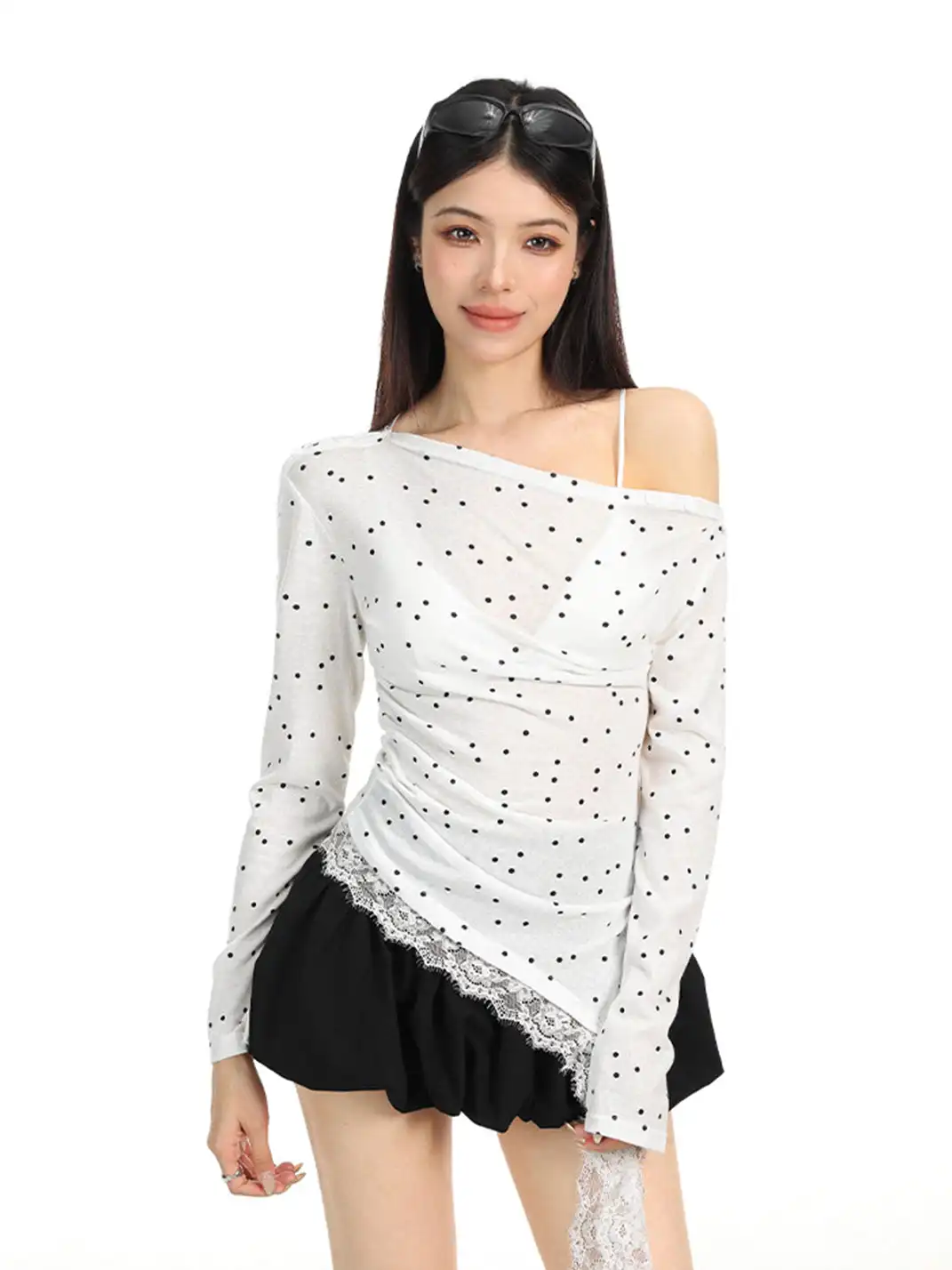 BIGGOLD | Polka Dot All-Over Print Lace Patchwork Asymmetrical Neck T-Shirt