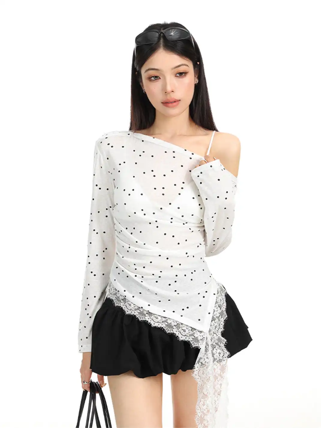 BIGGOLD | Polka Dot All-Over Print Lace Patchwork Asymmetrical Neck T-Shirt