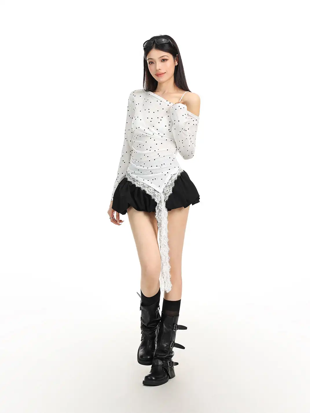 BIGGOLD | Polka Dot All-Over Print Lace Patchwork Asymmetrical Neck T-Shirt