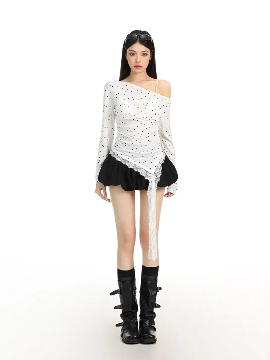 BIGGOLD | Polka Dot All-Over Print Lace Patchwork Asymmetrical Neck T-Shirt