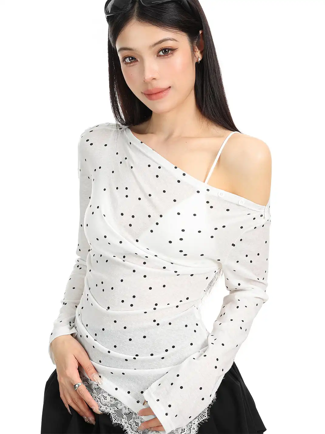 BIGGOLD | Polka Dot All-Over Print Lace Patchwork Asymmetrical Neck T-Shirt