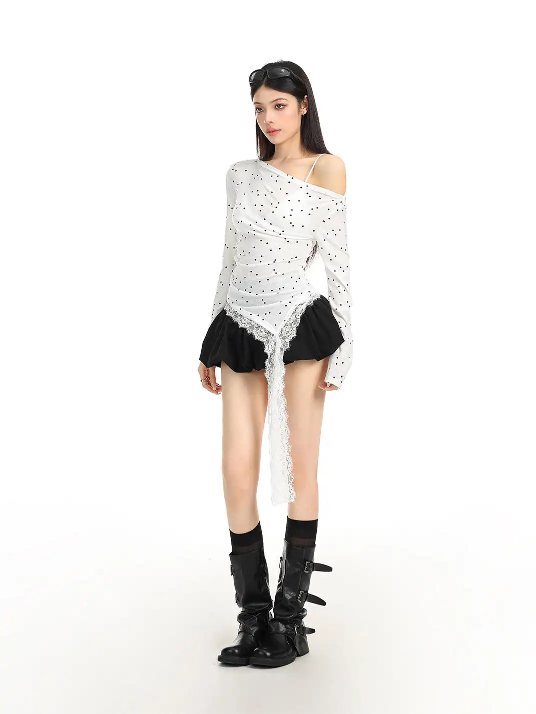 BIGGOLD | Polka Dot All-Over Print Lace Patchwork Asymmetrical Neck T-Shirt