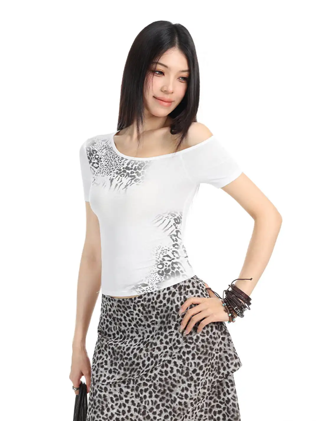 BIGGOLD | One-Shoulder Leopard Print T-Shirt