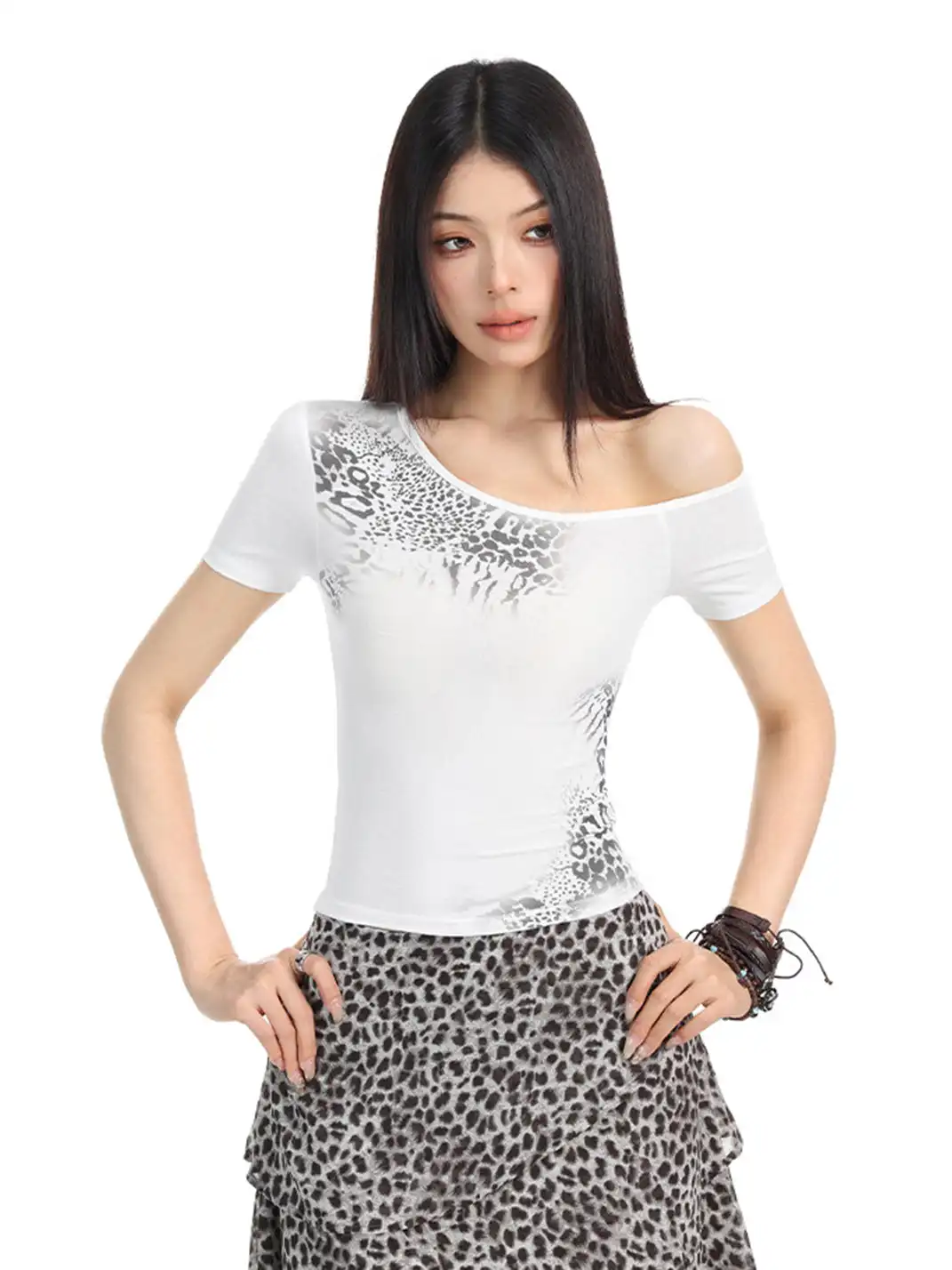 BIGGOLD | One-Shoulder Leopard Print T-Shirt