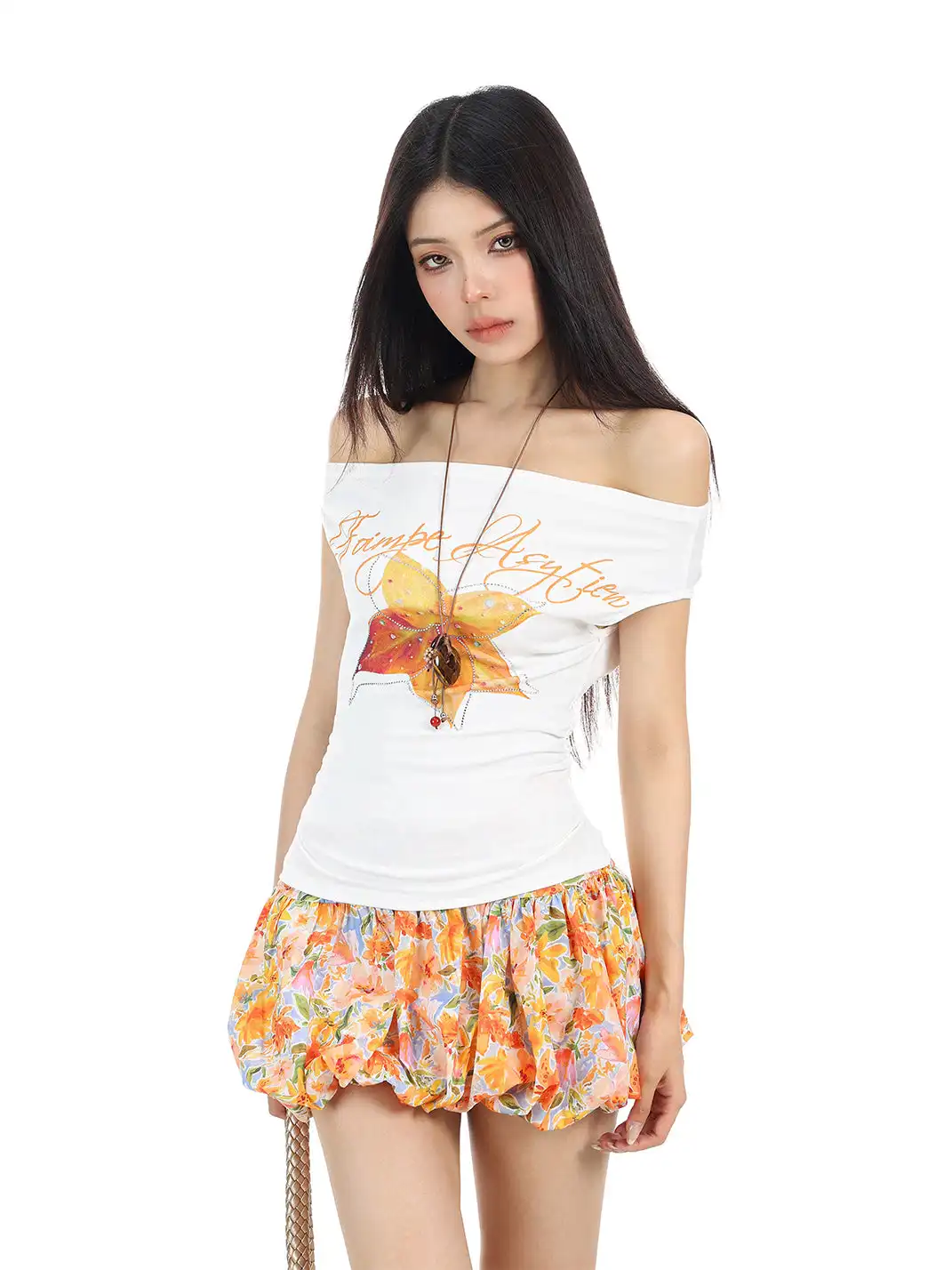 BIGGOLD | Rhinestone Floral Off-Shoulder T-Shirt