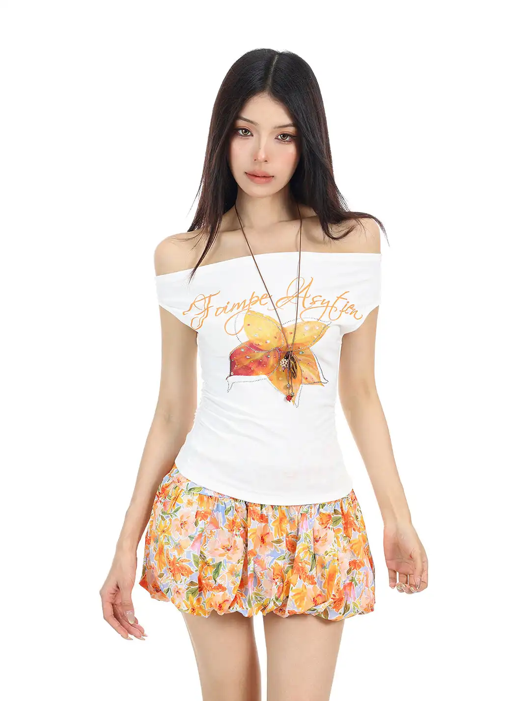 BIGGOLD | Rhinestone Floral Off-Shoulder T-Shirt