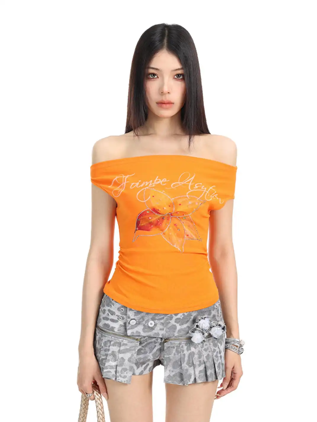 BIGGOLD | Rhinestone Floral Off-Shoulder T-Shirt