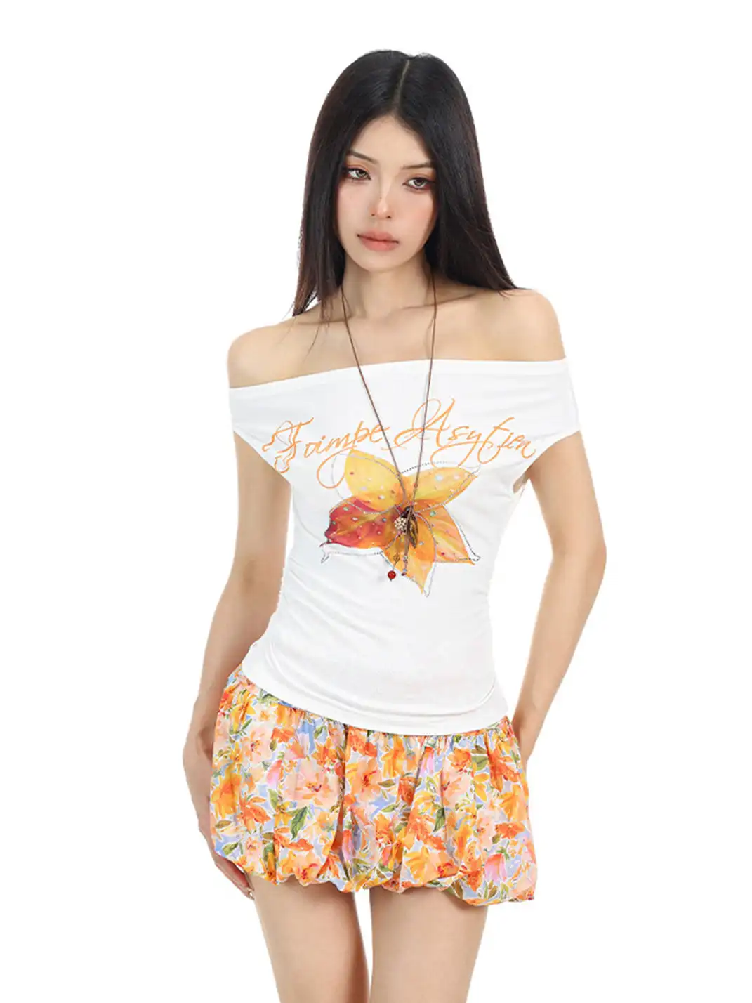 BIGGOLD | Rhinestone Floral Off-Shoulder T-Shirt