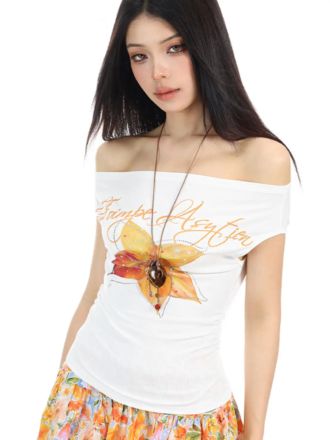 BIGGOLD | Rhinestone Floral Off-Shoulder T-Shirt