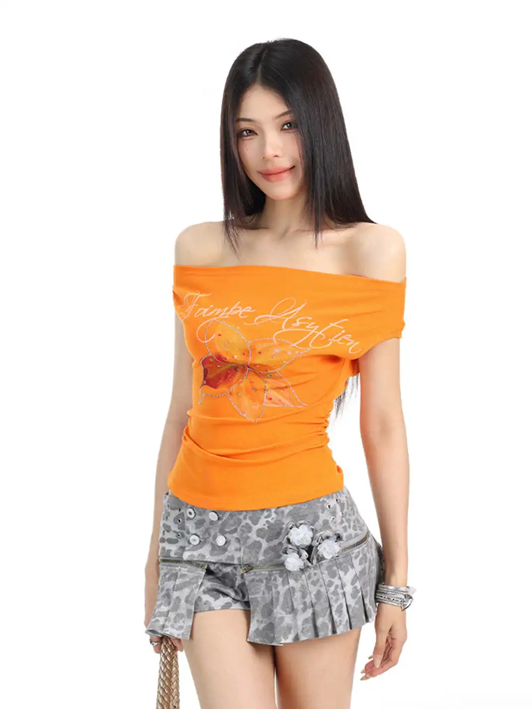 BIGGOLD | Rhinestone Floral Off-Shoulder T-Shirt
