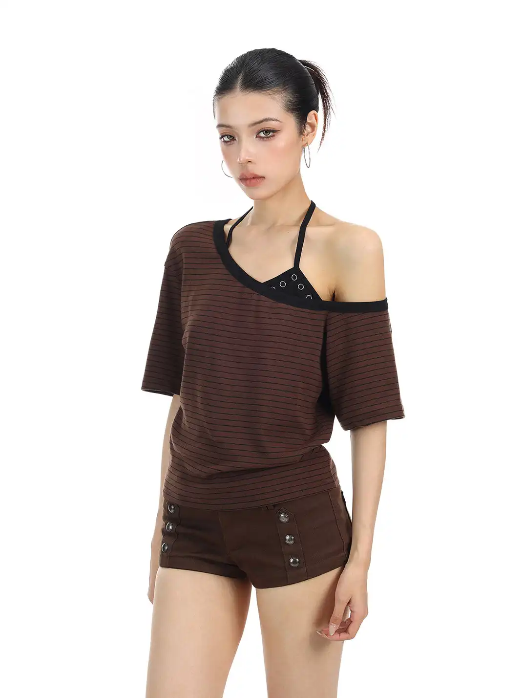 BIGGOLD | Fake Two-Piece Asymmetrical Halter T-Shirt