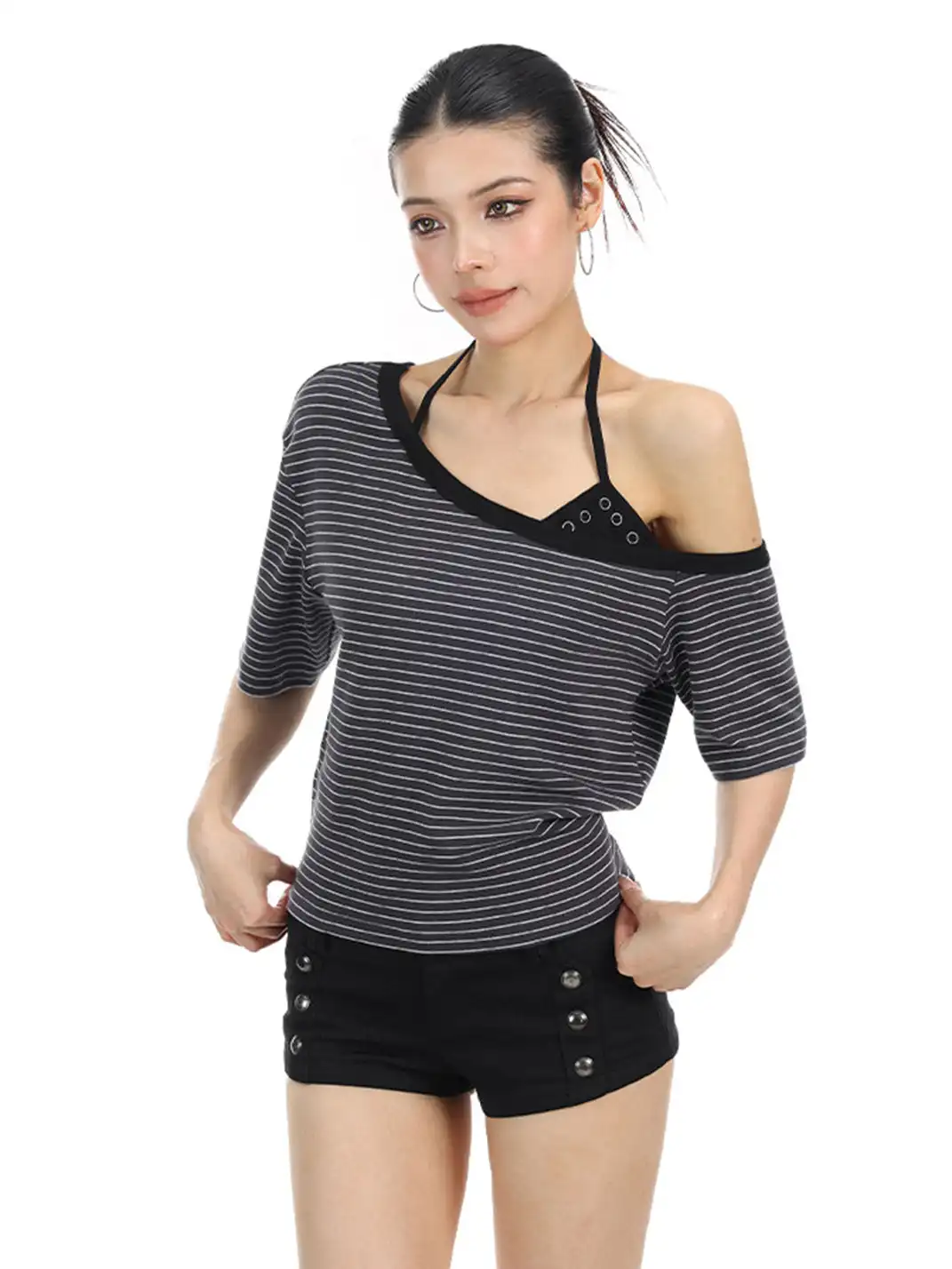 BIGGOLD | Fake Two-Piece Asymmetrical Halter T-Shirt