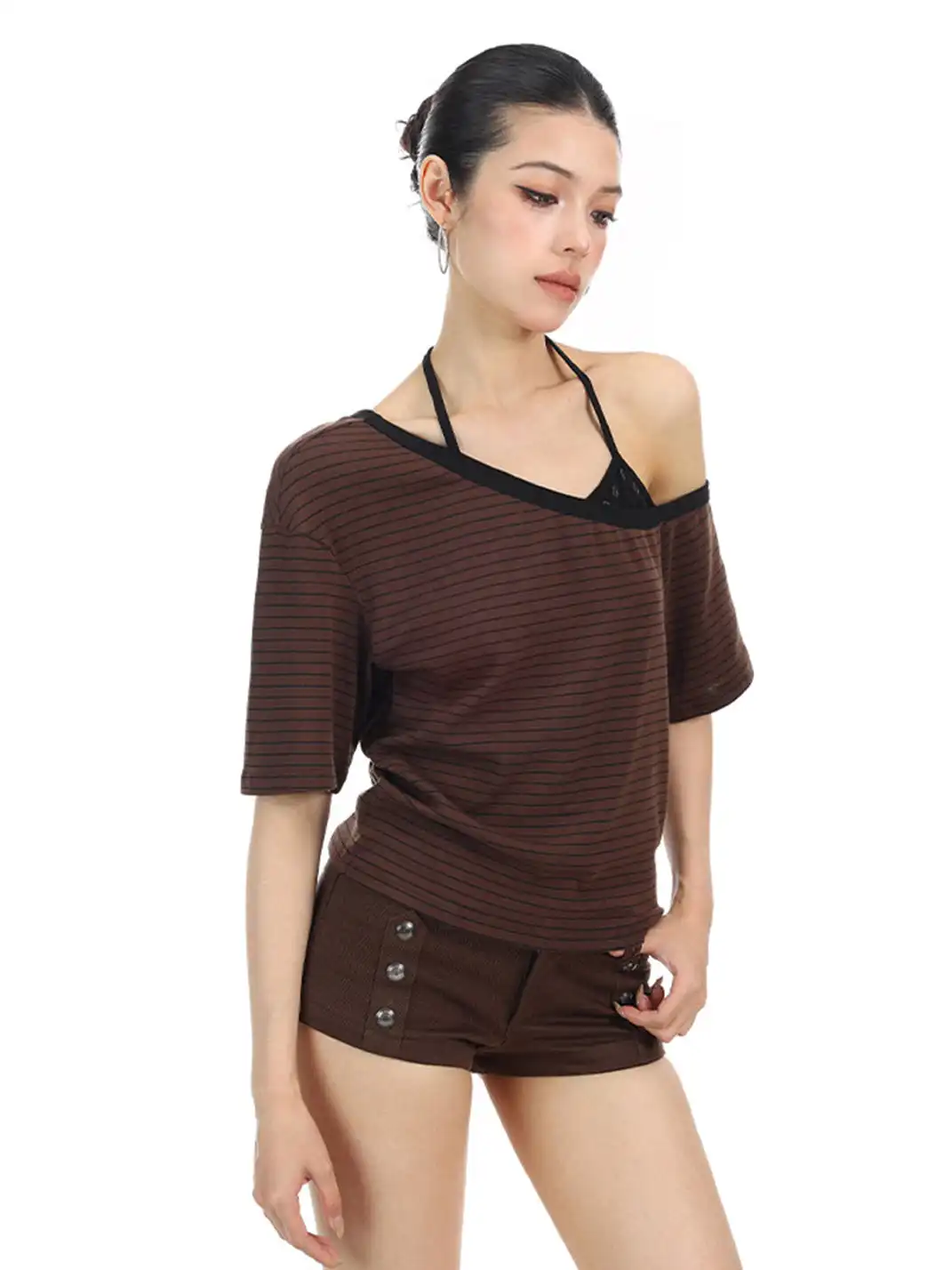 BIGGOLD | Fake Two-Piece Asymmetrical Halter T-Shirt