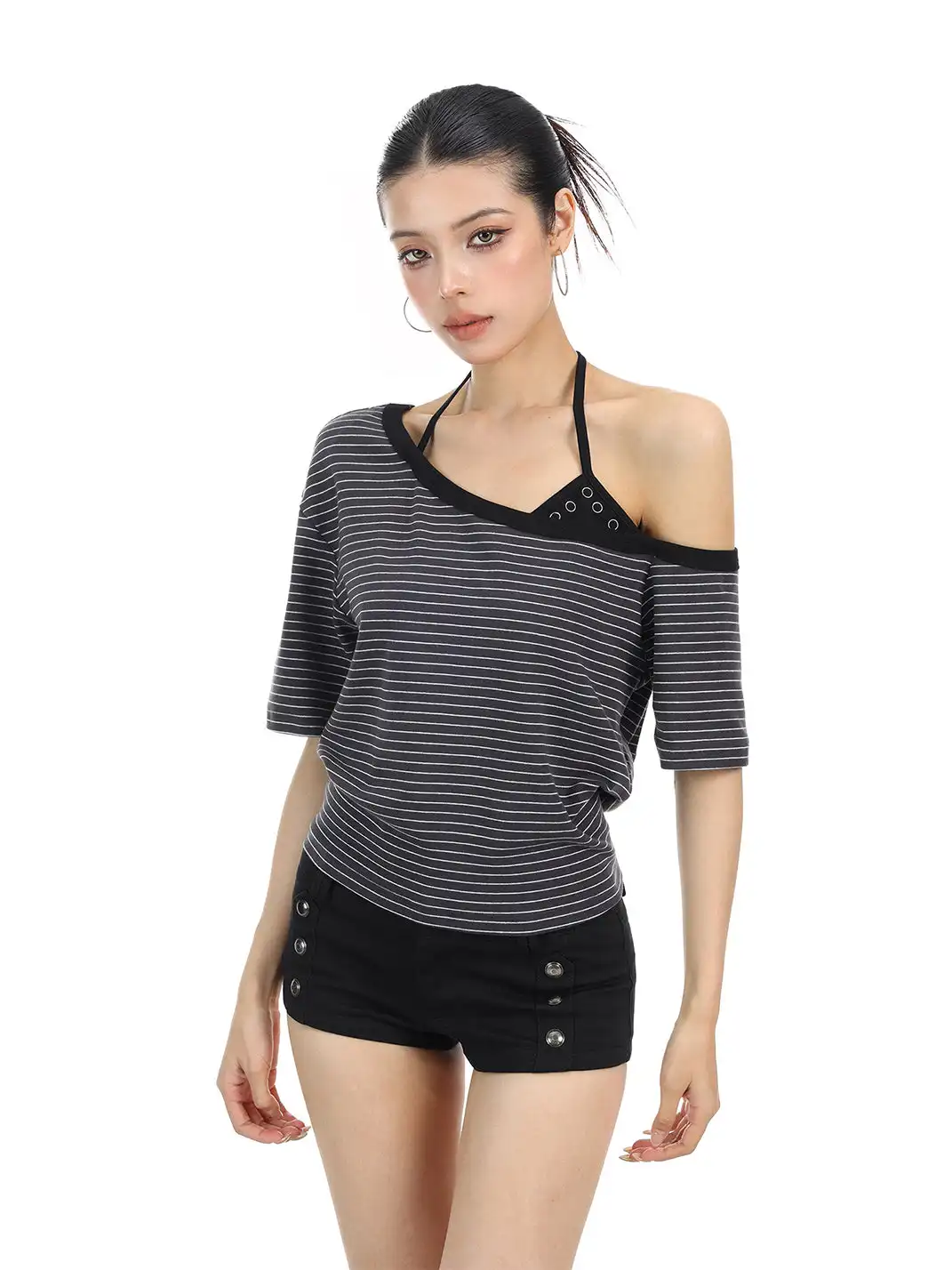 BIGGOLD | Fake Two-Piece Asymmetrical Halter T-Shirt