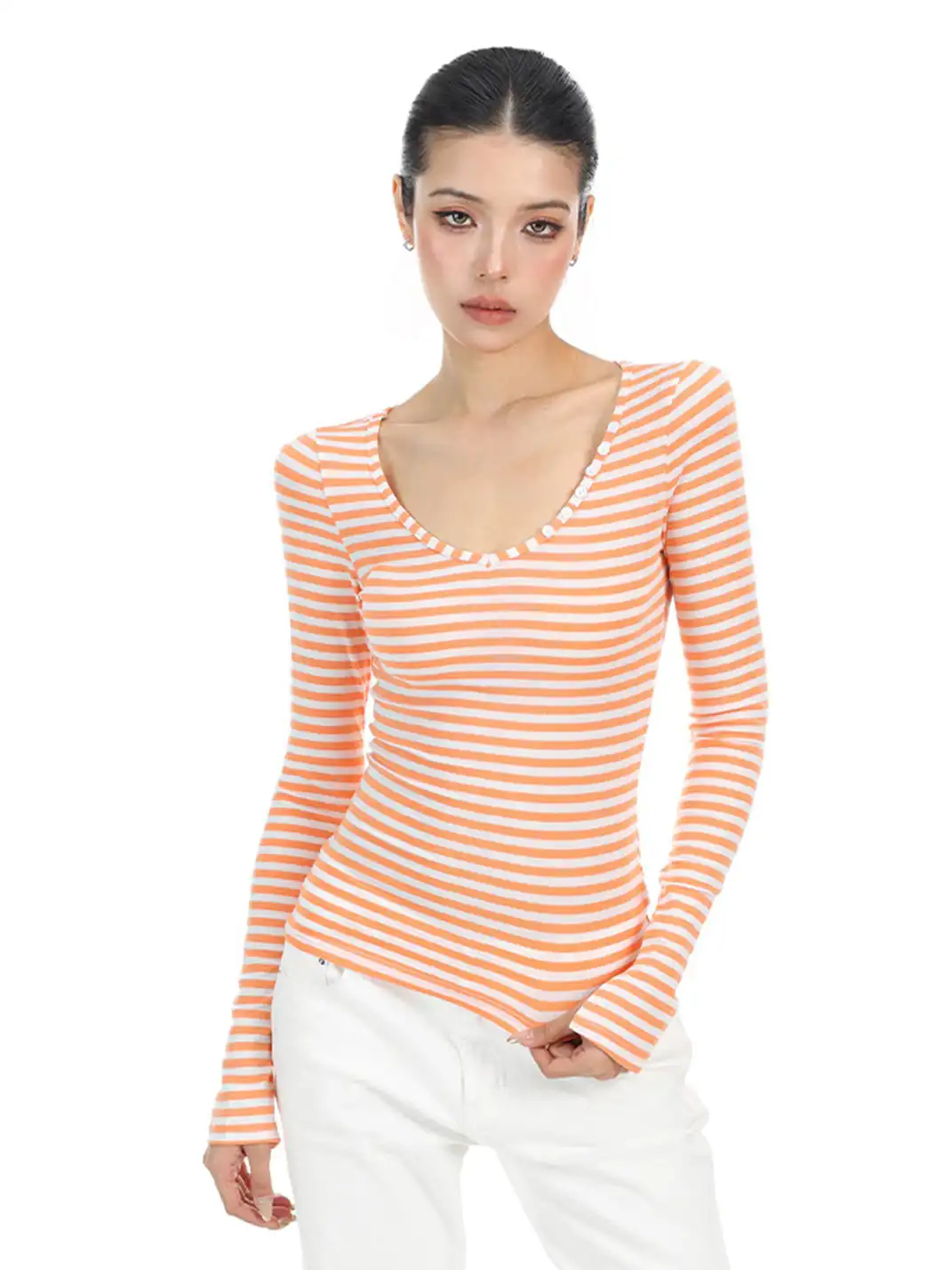 BIGGOLD | Striped Button V-Neck Long Sleeve T-Shirt