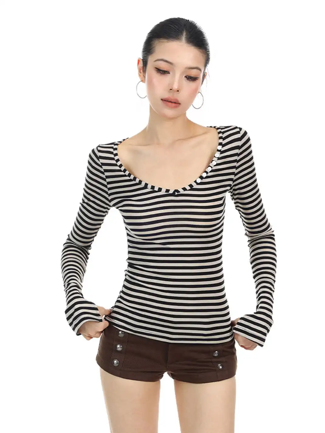BIGGOLD | Striped Button V-Neck Long Sleeve T-Shirt