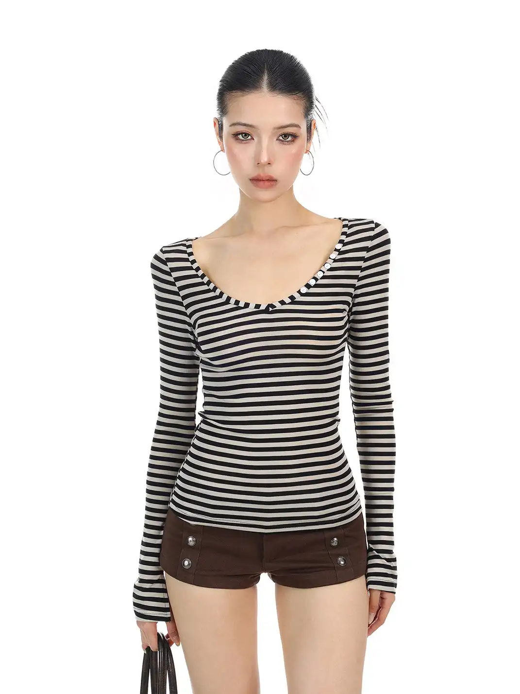 BIGGOLD | Striped Button V-Neck Long Sleeve T-Shirt