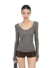 BIGGOLD | Striped Button V-Neck Long Sleeve T-Shirt