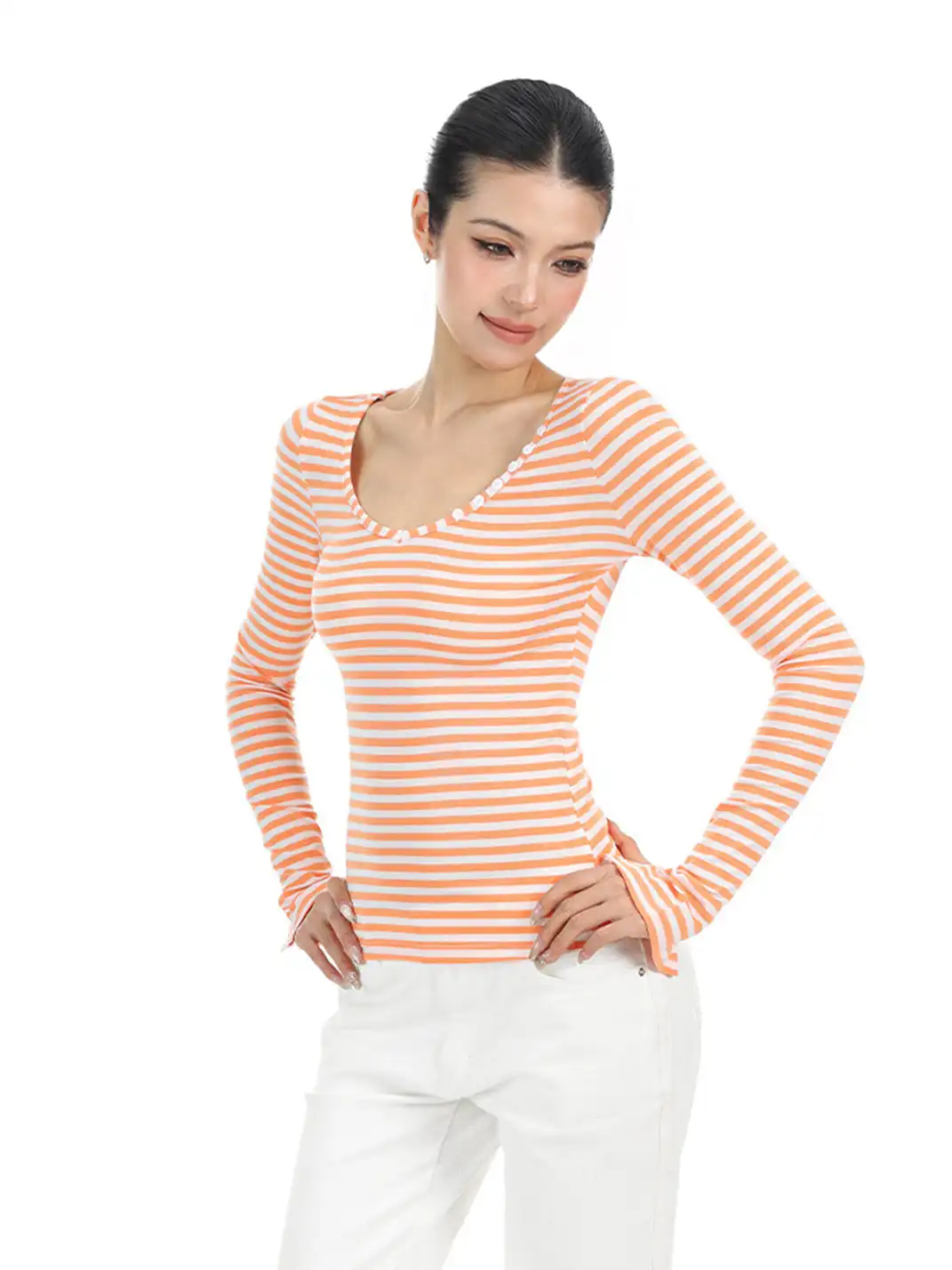 BIGGOLD | Striped Button V-Neck Long Sleeve T-Shirt