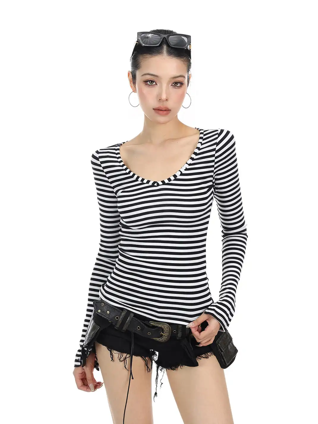 BIGGOLD | Striped Button V-Neck Long Sleeve T-Shirt