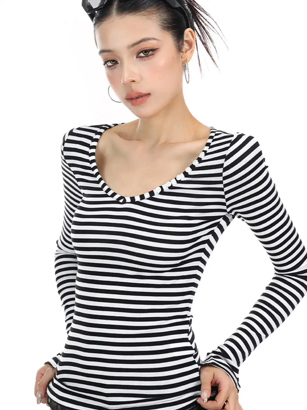 BIGGOLD | Striped Button V-Neck Long Sleeve T-Shirt