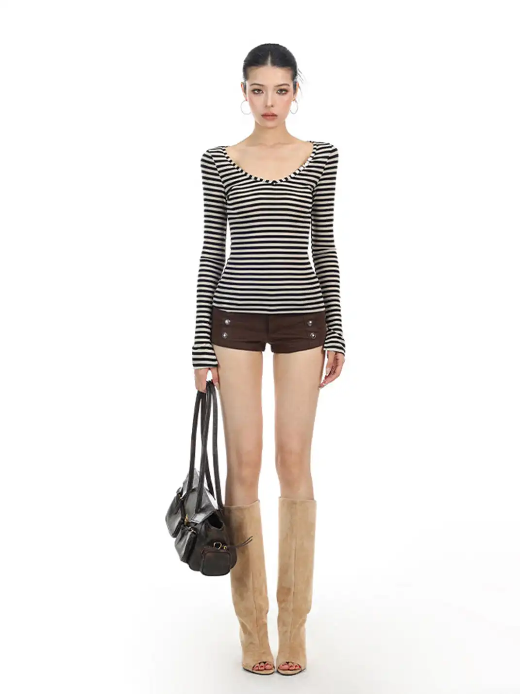 BIGGOLD | Striped Button V-Neck Long Sleeve T-Shirt