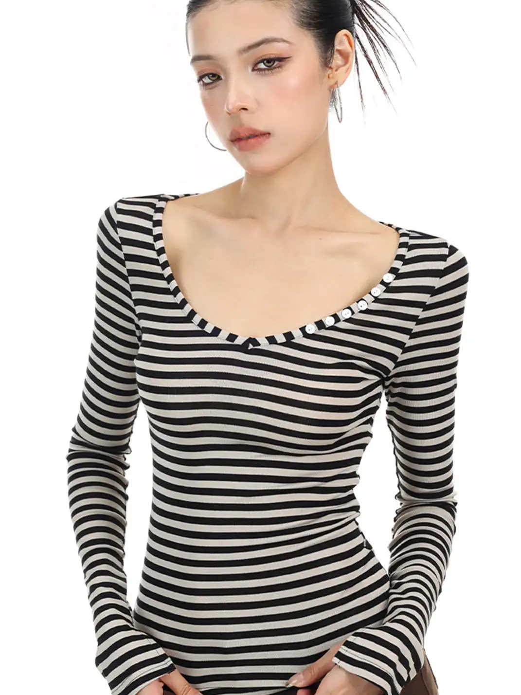 BIGGOLD | Striped Button V-Neck Long Sleeve T-Shirt