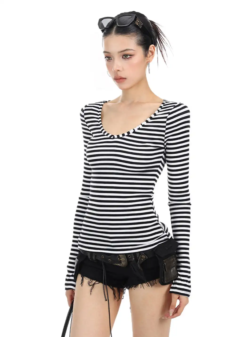 BIGGOLD | Striped Button V-Neck Long Sleeve T-Shirt