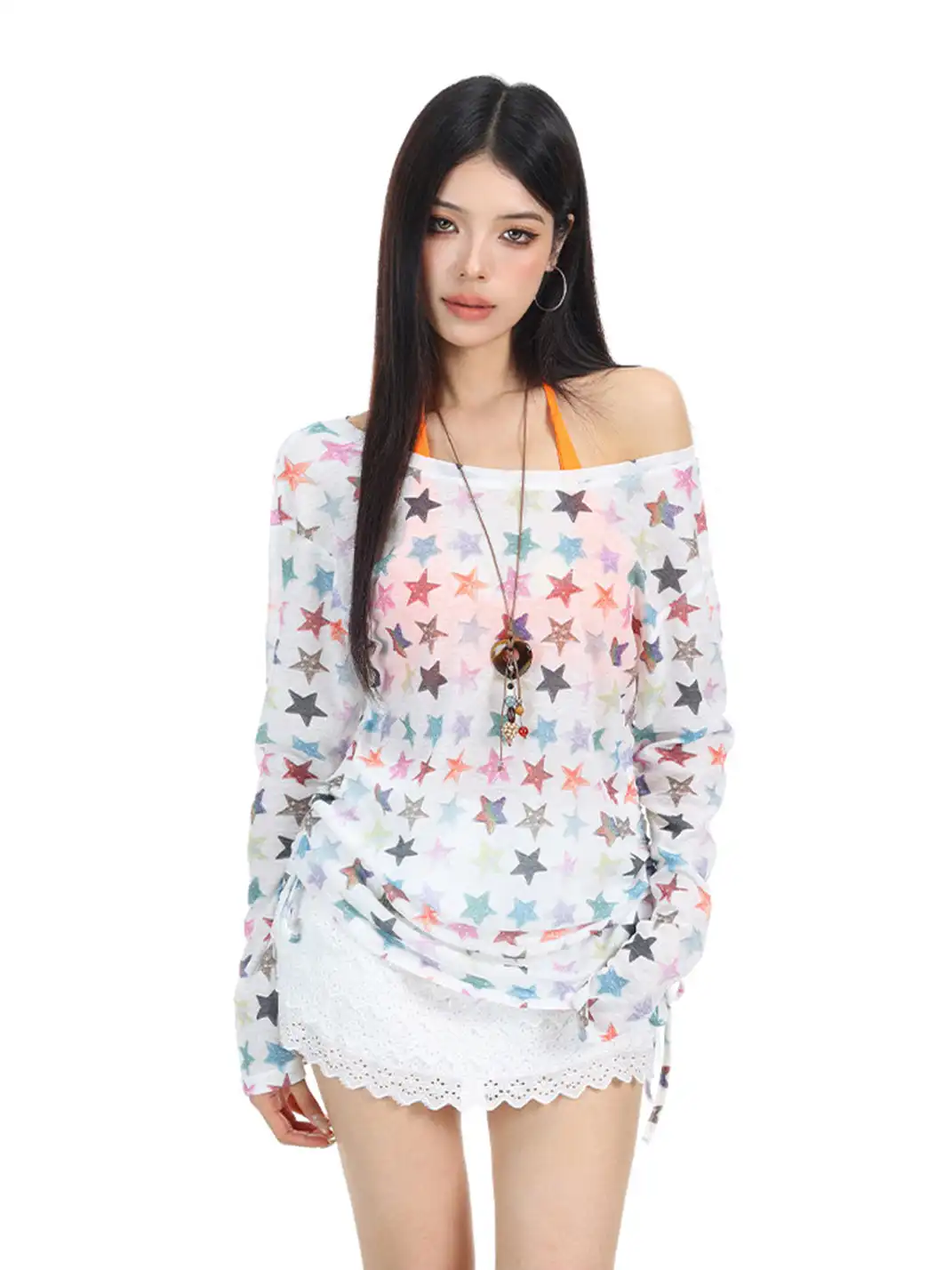 BIGGOLD | Asymmetrical Shoulder Colorful Star Long Sleeve T-Shirt