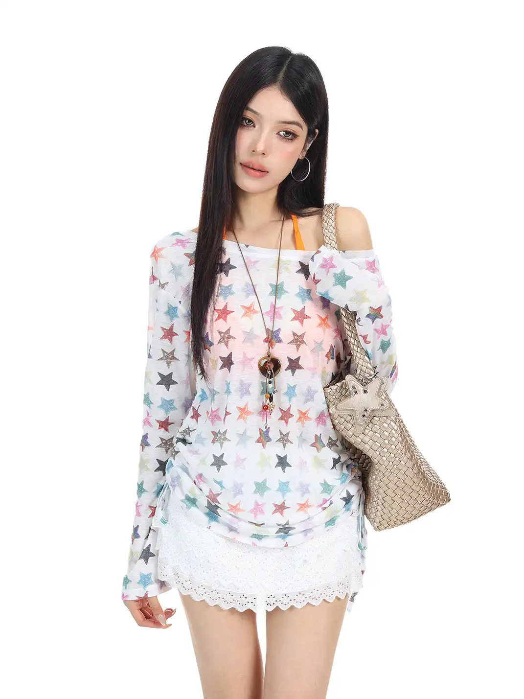 BIGGOLD | Asymmetrical Shoulder Colorful Star Long Sleeve T-Shirt