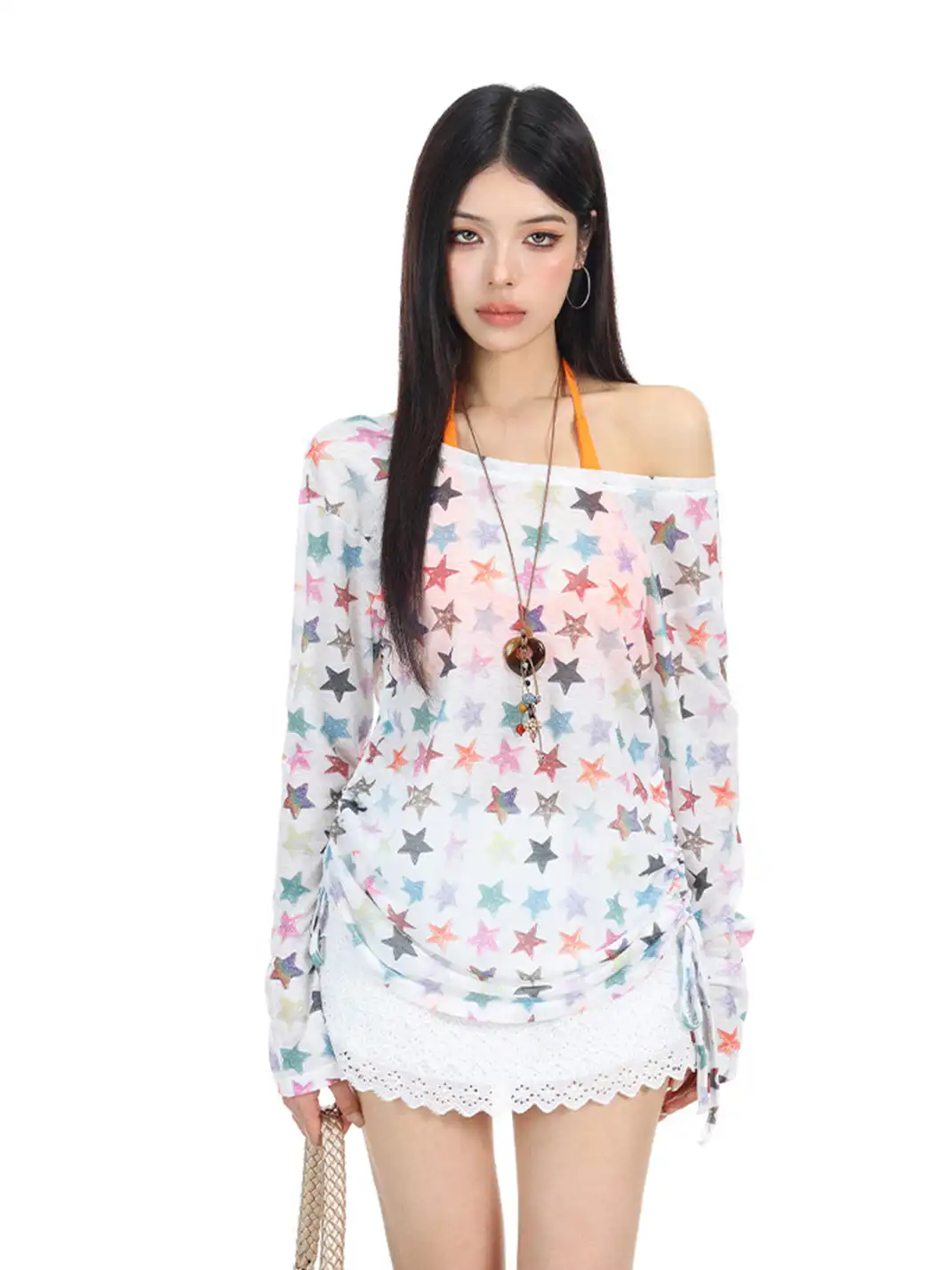 BIGGOLD | Asymmetrical Shoulder Colorful Star Long Sleeve T-Shirt